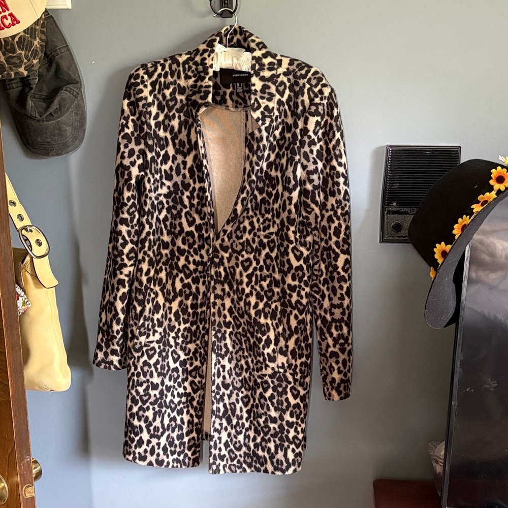 Leopard Print Pea Coat in Beige & Black - Classic Animal-Print Jacket
